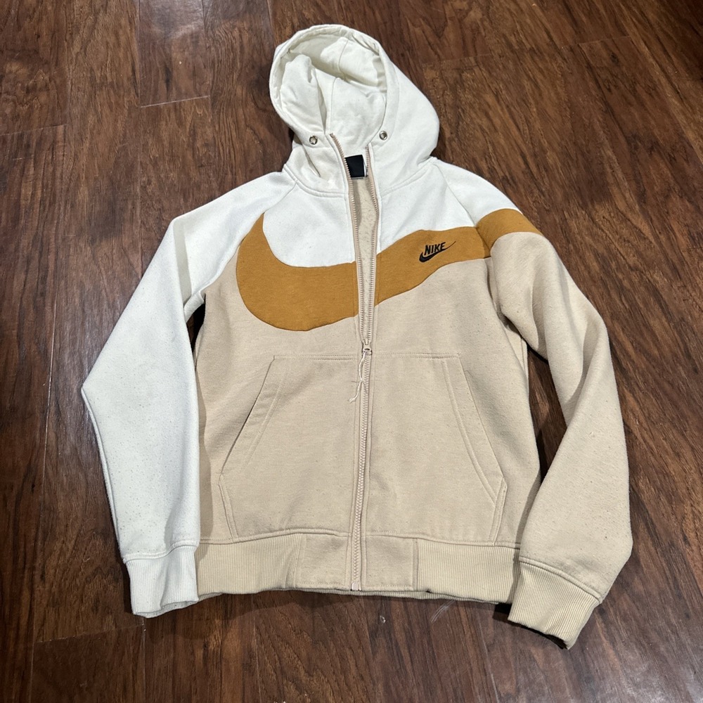 Nike Swoosh Hoodie Men S Y2K Tan Cream Light Brown Drawstring Big Swoosh